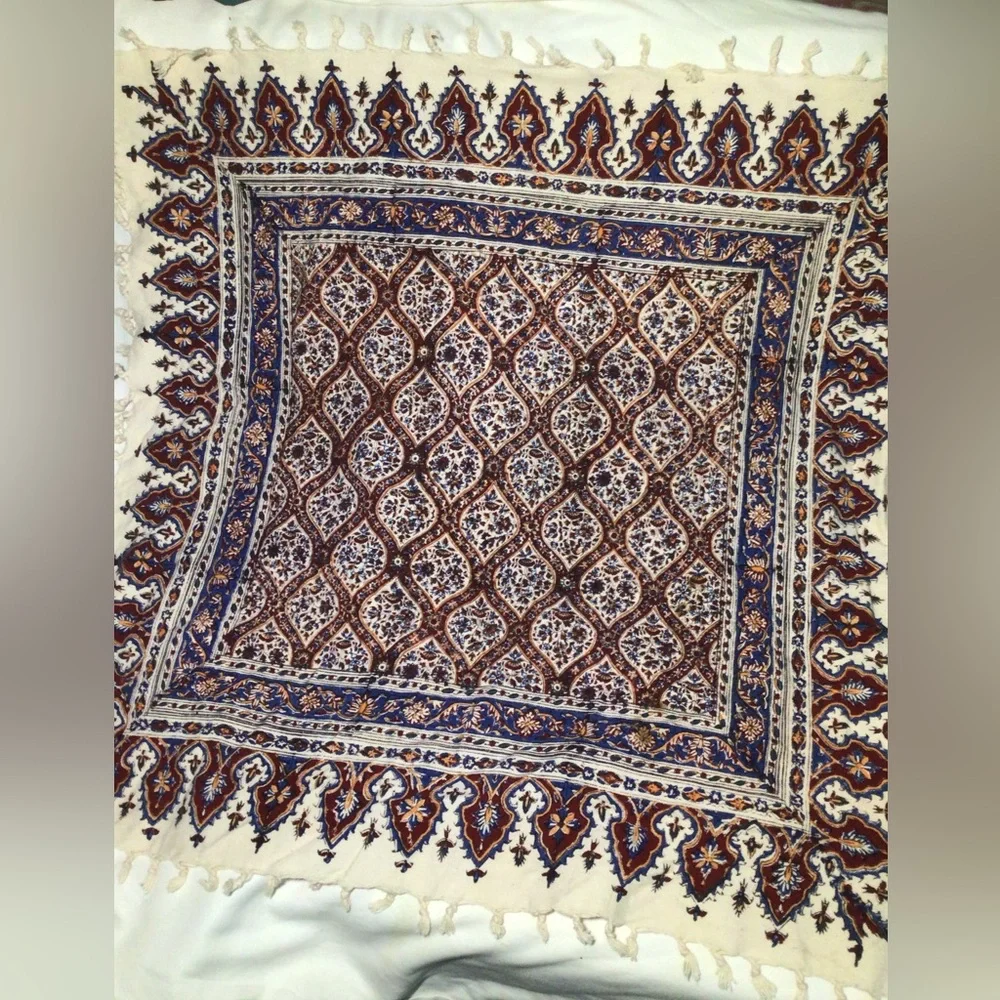 Vintage Aziz Atrian Esfahan Iran Iranian Block Printed Cotton Tapestry 31”x32”